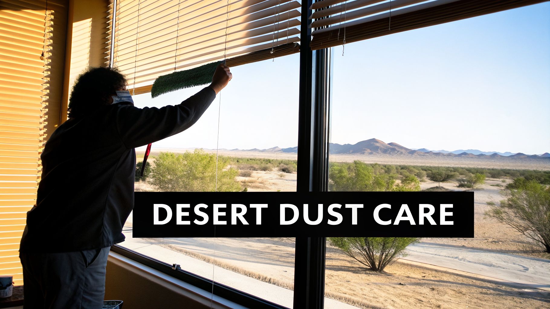 A masked person cleans dusty window blinds with a green duster, overlooking a bright desert landscape.
