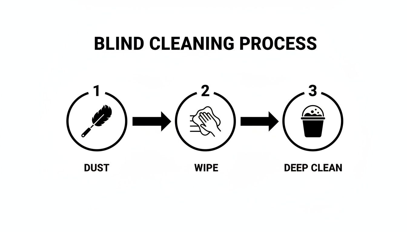 A diagram illustrating the three-step blind cleaning process: dust, wipe, and deep clean.