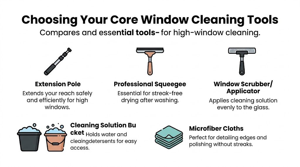 A guide listing essential window cleaning tools including an extension pole, squeegee, scrubber, bucket, and microfiber cloths.