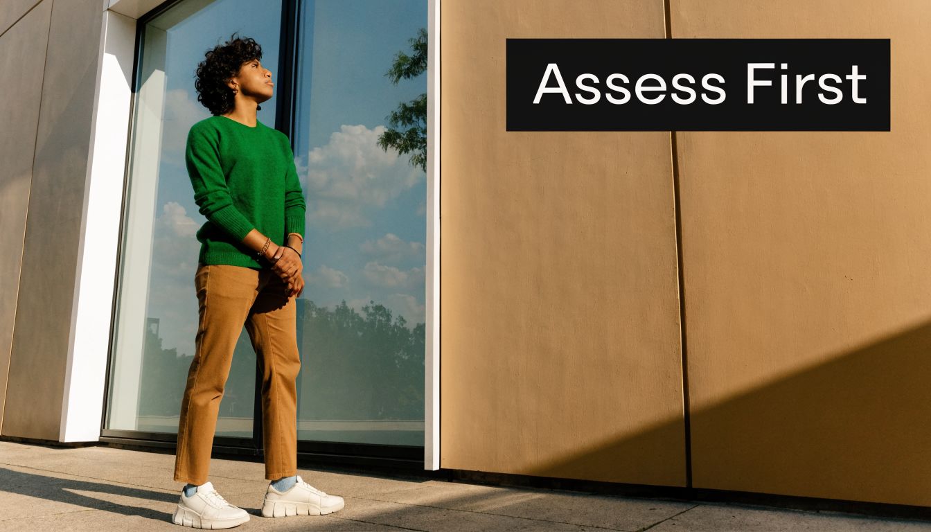 A person with curly hair wearing a green sweater and brown pants standing near a reflective window.