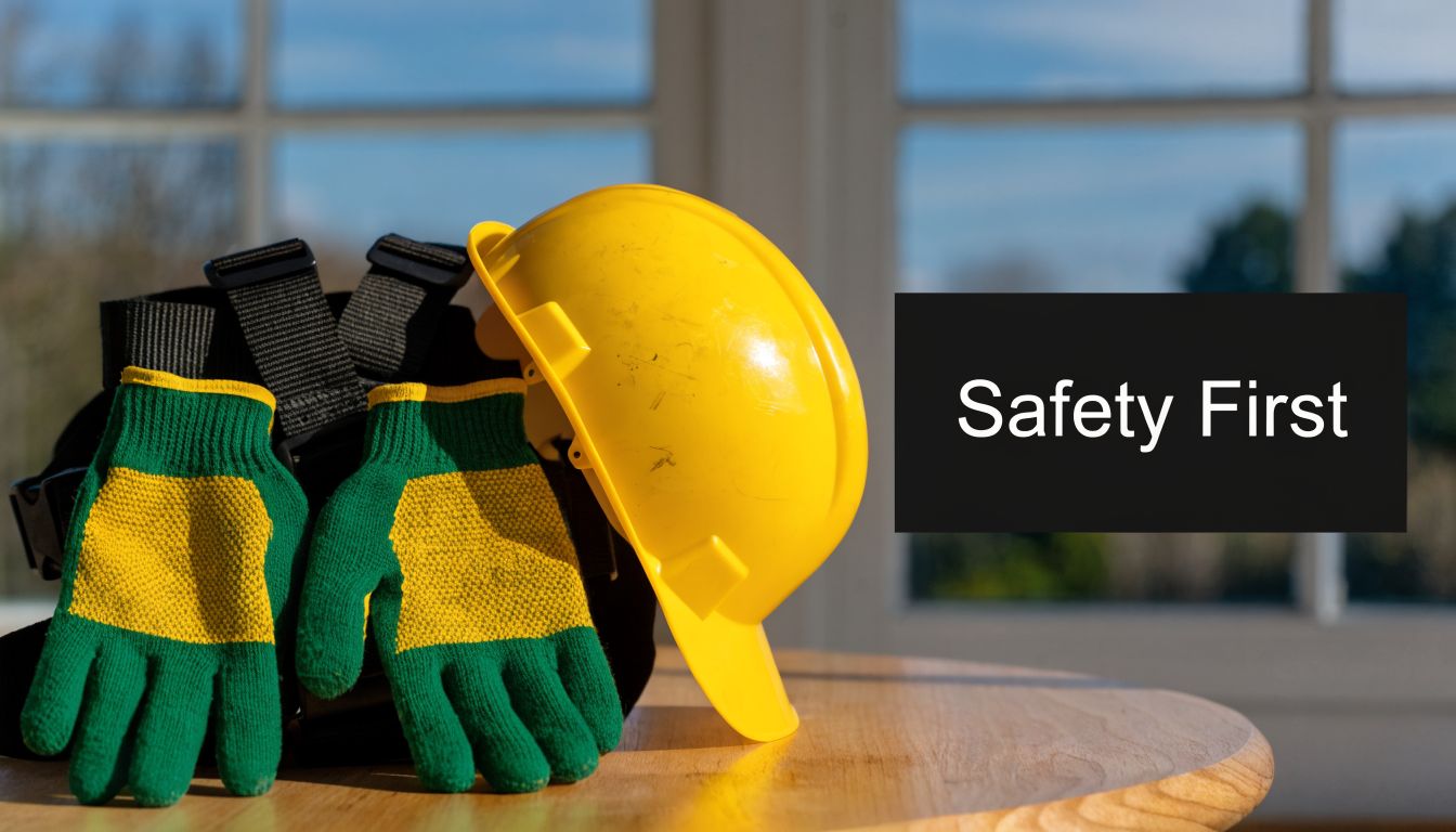 A yellow safety helmet and protective work gloves sit on a wooden table near a window.