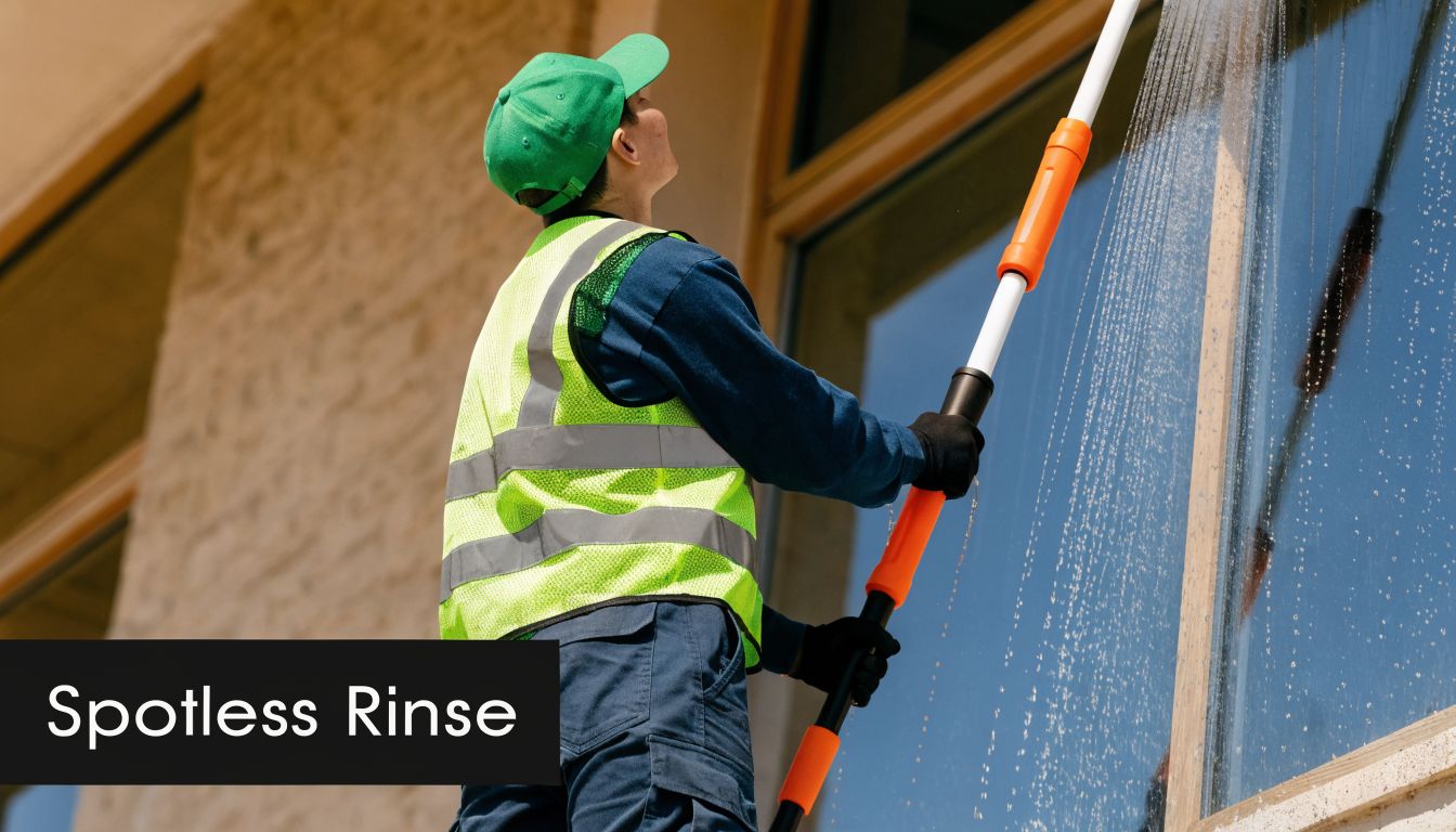 A professional window cleaner wearing safety gear uses a long pole to rinse high office building windows.