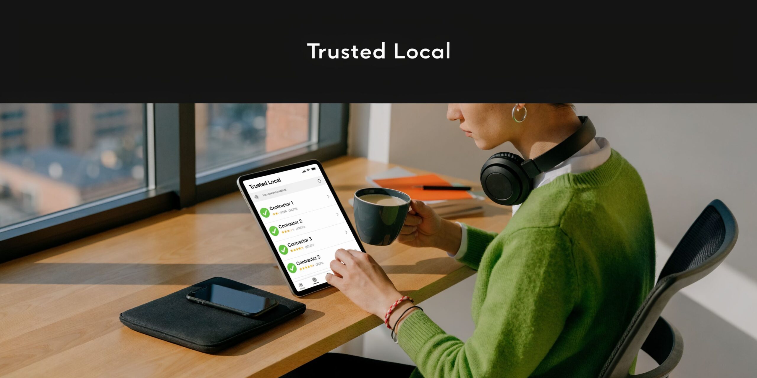 A person wearing headphones holding a coffee mug while using a tablet for local contractor services.