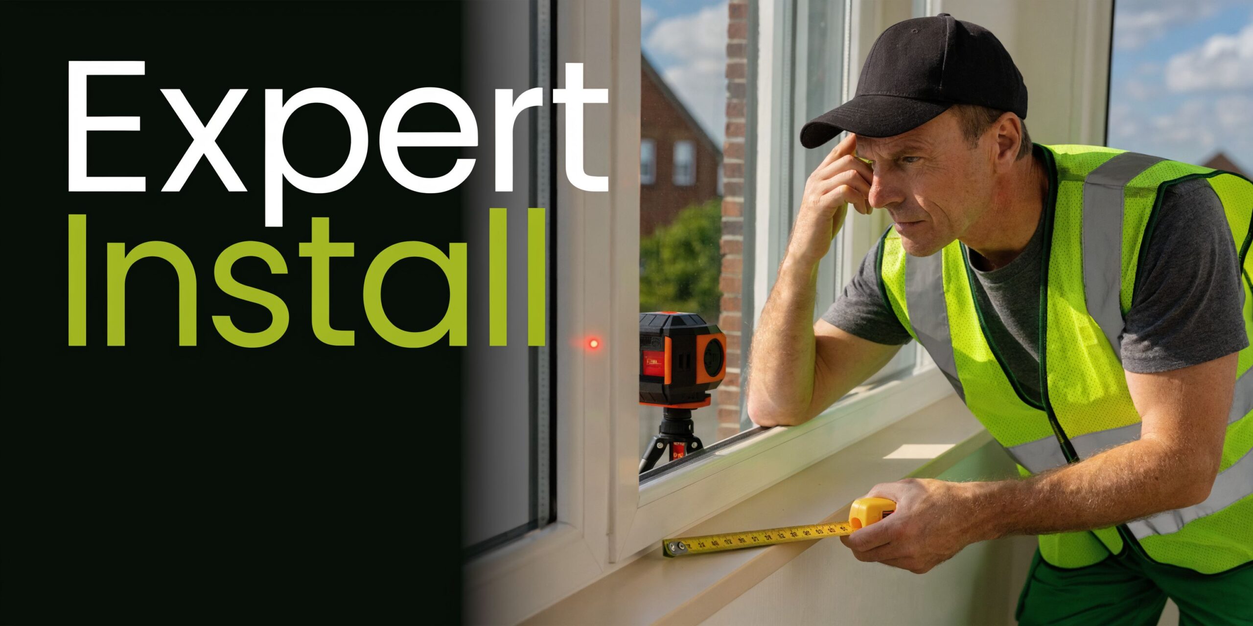A professional installer in a high-visibility vest measuring a new window frame during home renovation.