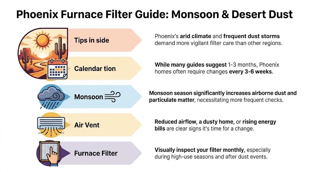 An infographic titled Phoenix Furnace Filter Guide detailing recommended maintenance schedules for desert and monsoon conditions.