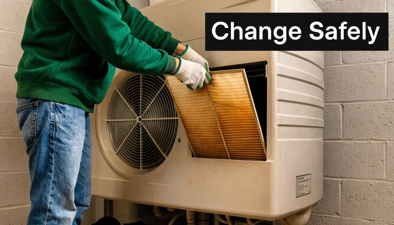 A technician wearing white gloves carefully replaces a dusty air filter in a home heating system unit.