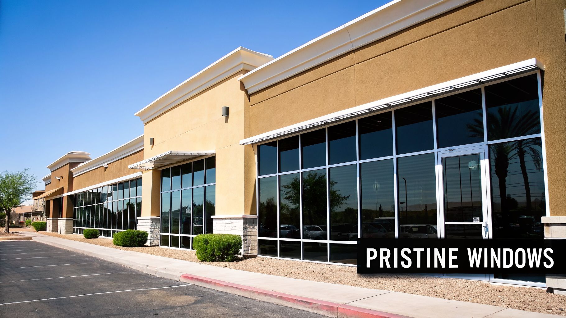 Exterior of a commercial building with pristine, dark-tinted windows, a clear blue sky, and a parking lot.