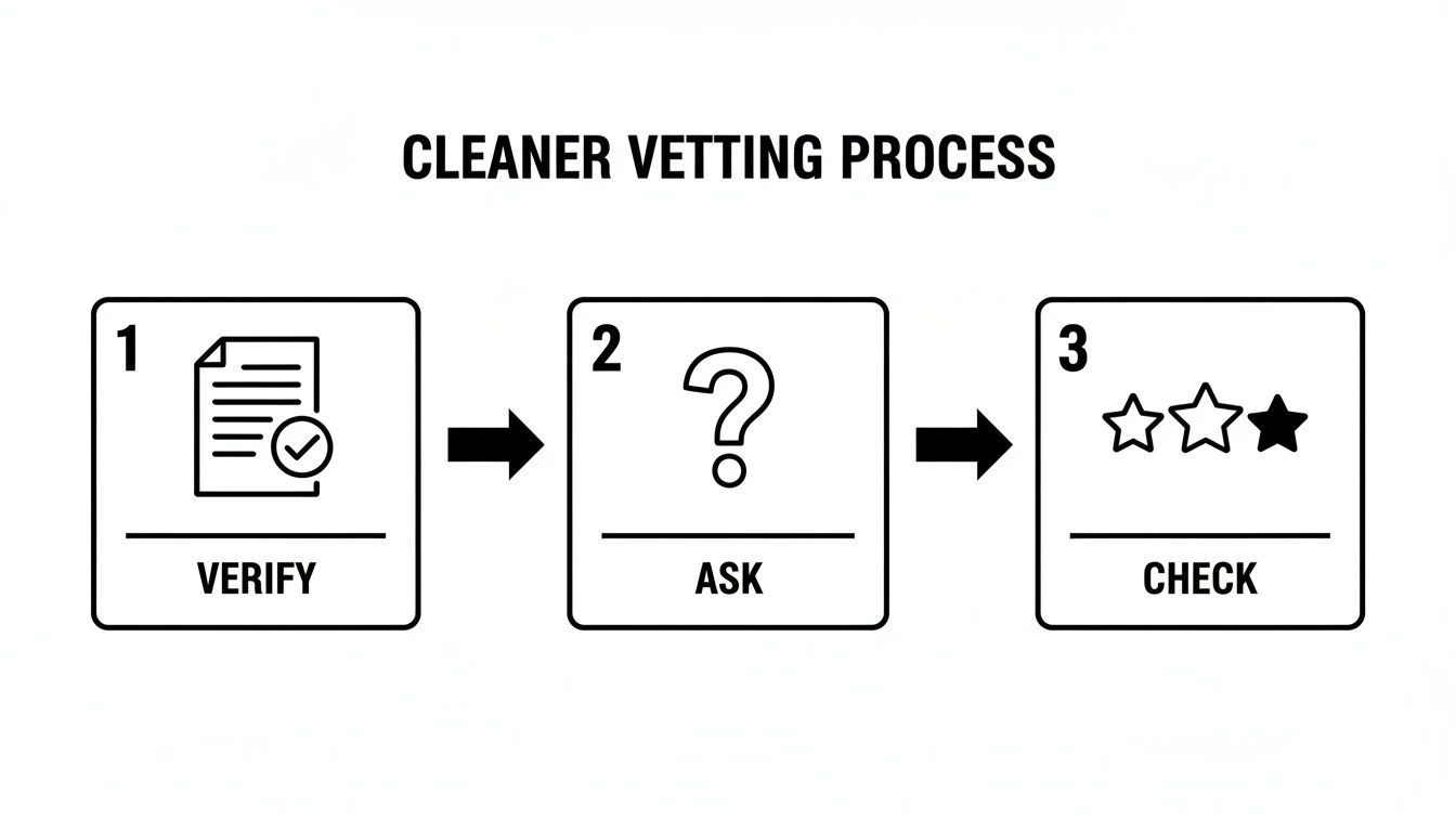 An infographic illustrating a 3-step cleaner vetting process: Verify, Ask, and Check.