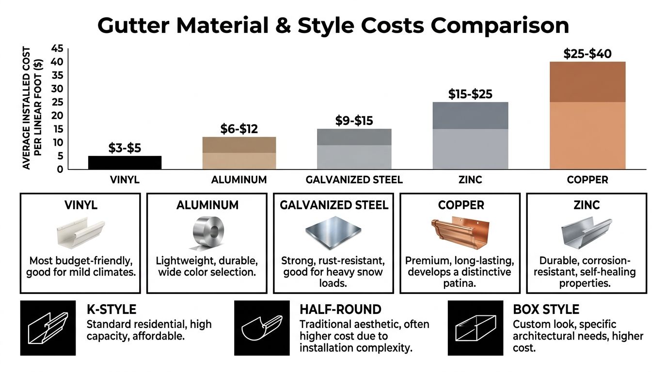 A bar chart comparing the average installed cost per linear foot for various gutter materials and styles.