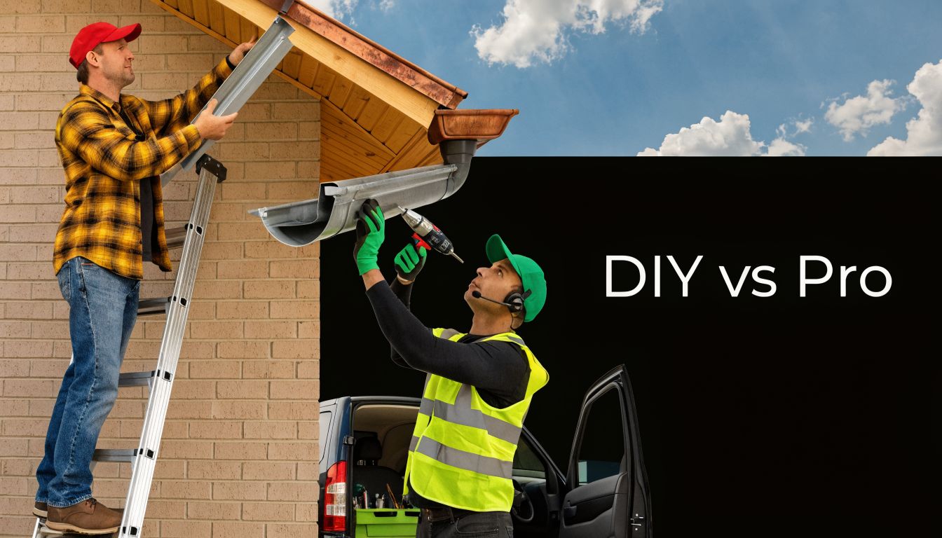 A split image showing a DIY homeowner on a ladder versus a professional worker installing house gutters.