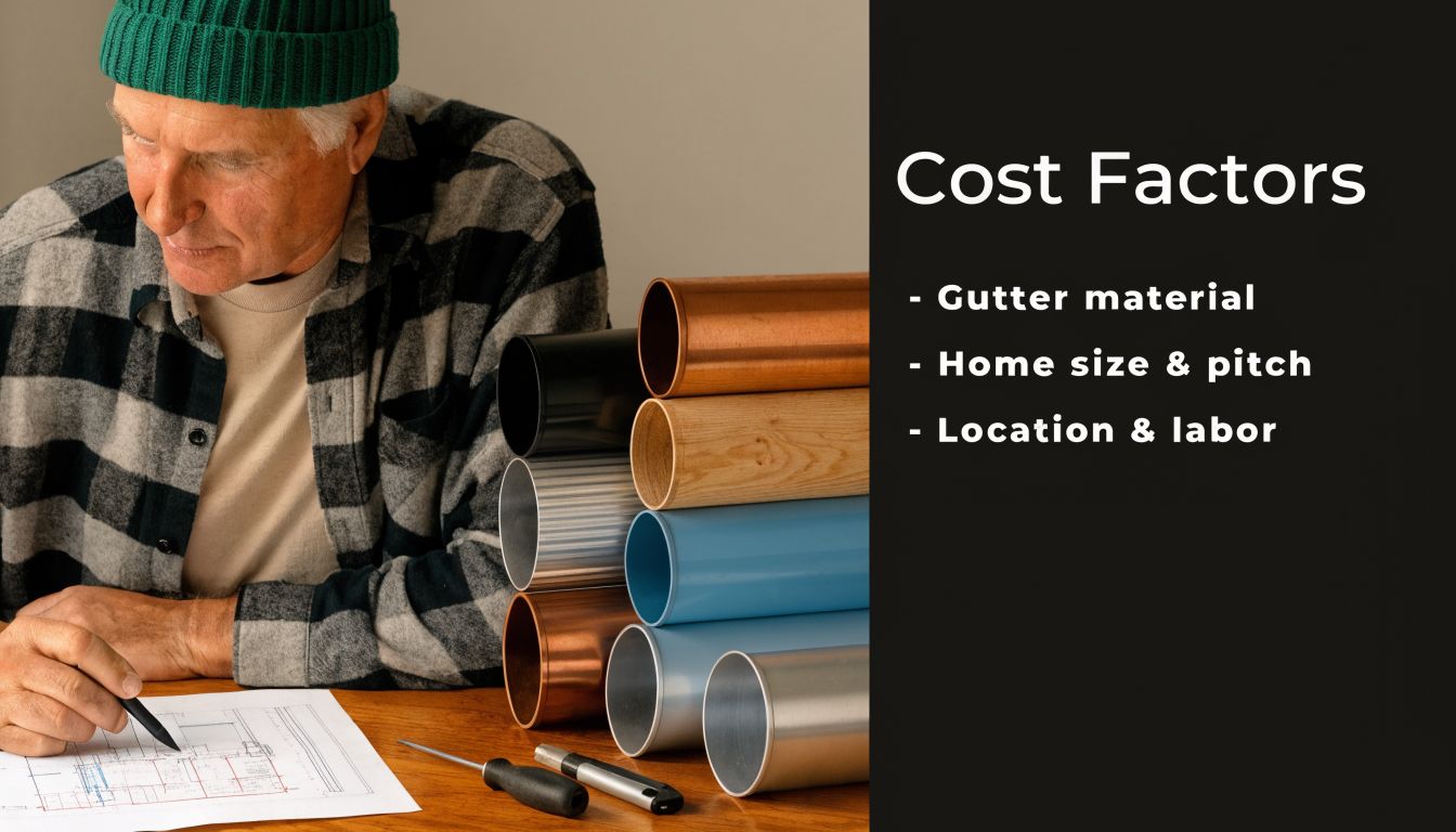 A professional examining architectural plans next to various gutter material samples to discuss installation cost factors.