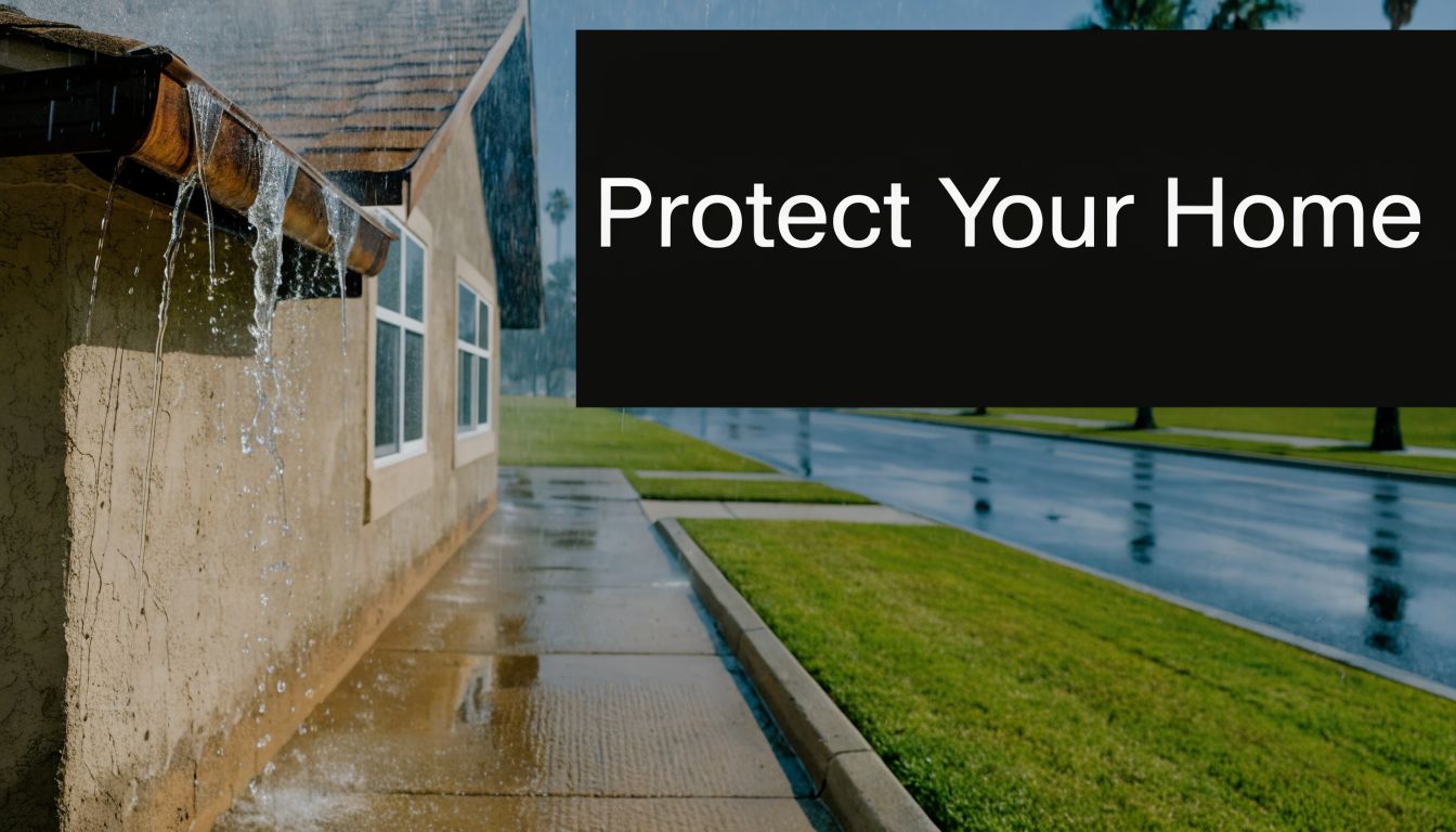 Rainwater overflowing from a house gutter system during a heavy rain storm, showing potential water damage risks.