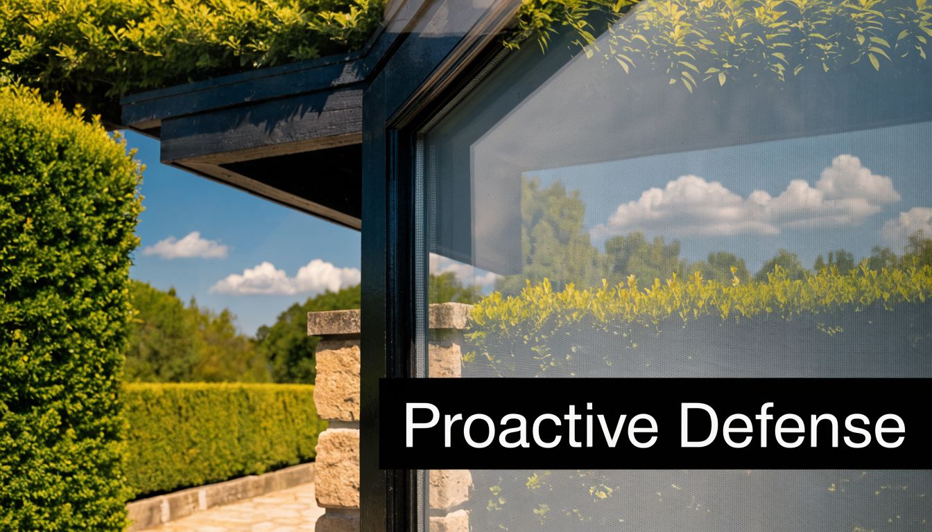 A clean, modern window frame reflecting lush green hedges under a clear sunny blue sky.