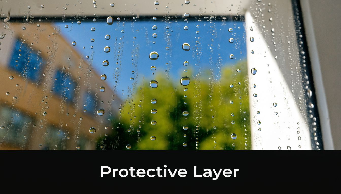 Raindrops on a windowpane with a blurry green tree and a building visible in the background