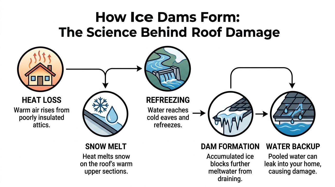 A diagram illustrating the step-by-step process of how ice dams form on a house roof.