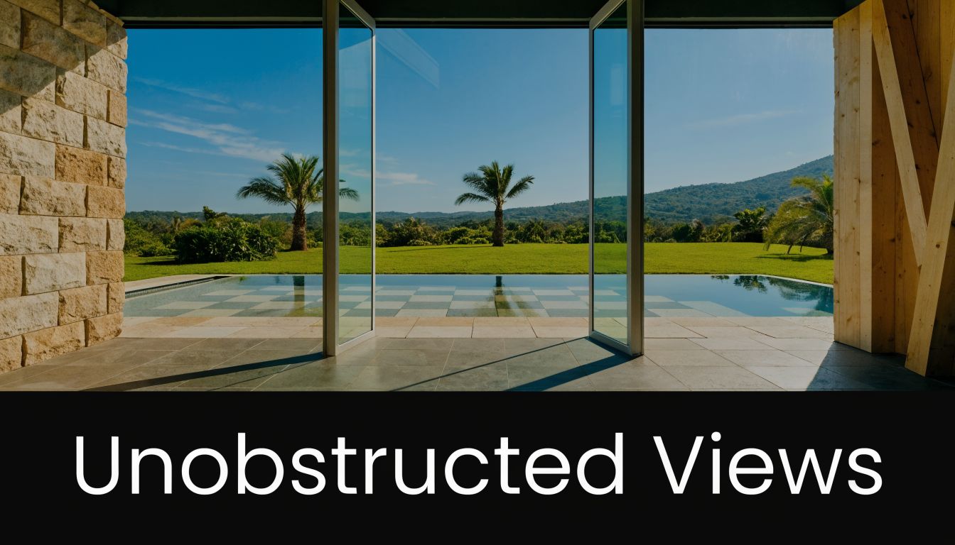 A modern indoor living area with open doors looking out onto a swimming pool and tropical landscape.
