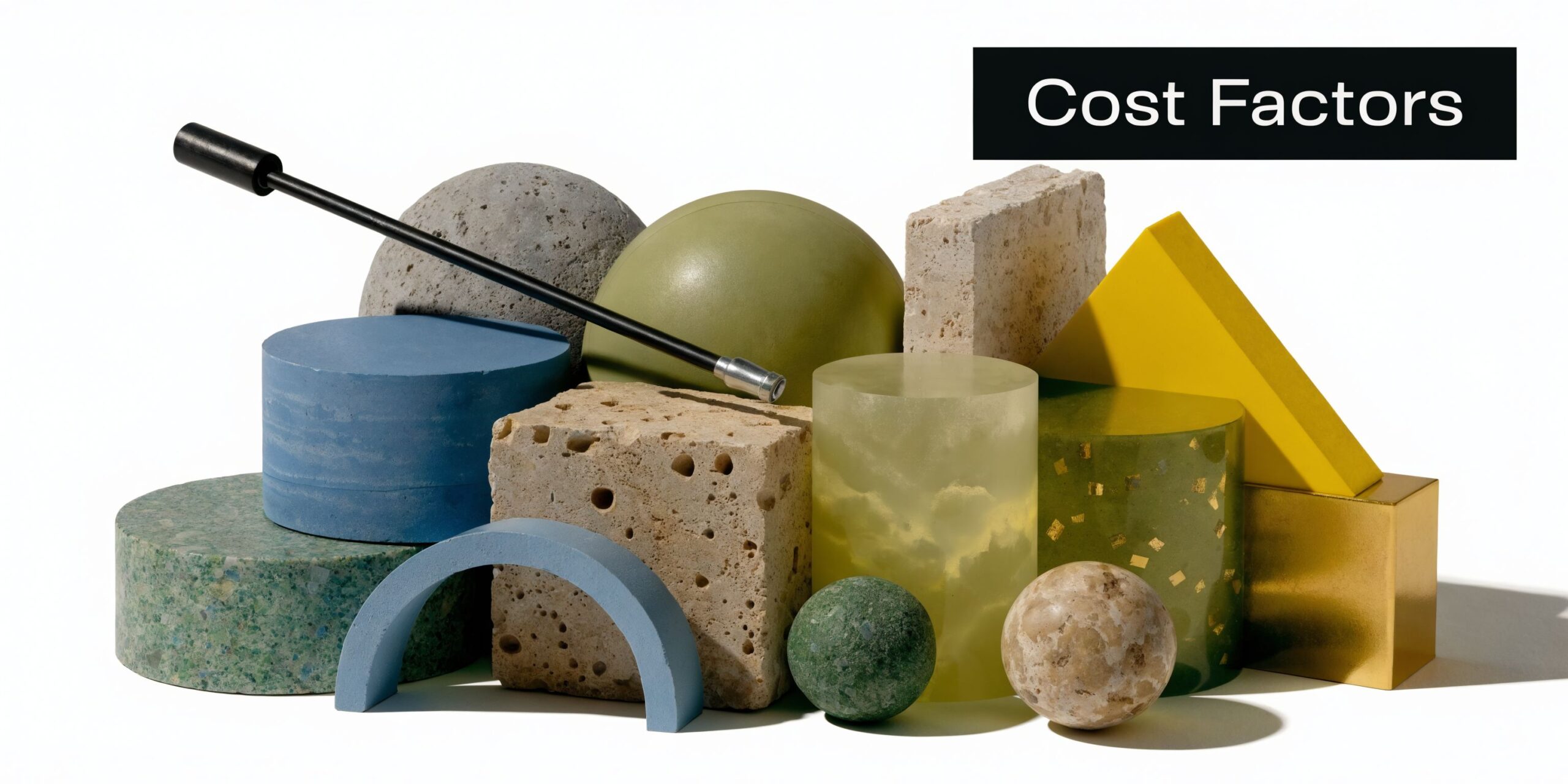 An artistic composition of geometric shapes made from various textures like stone, resin, and metal.