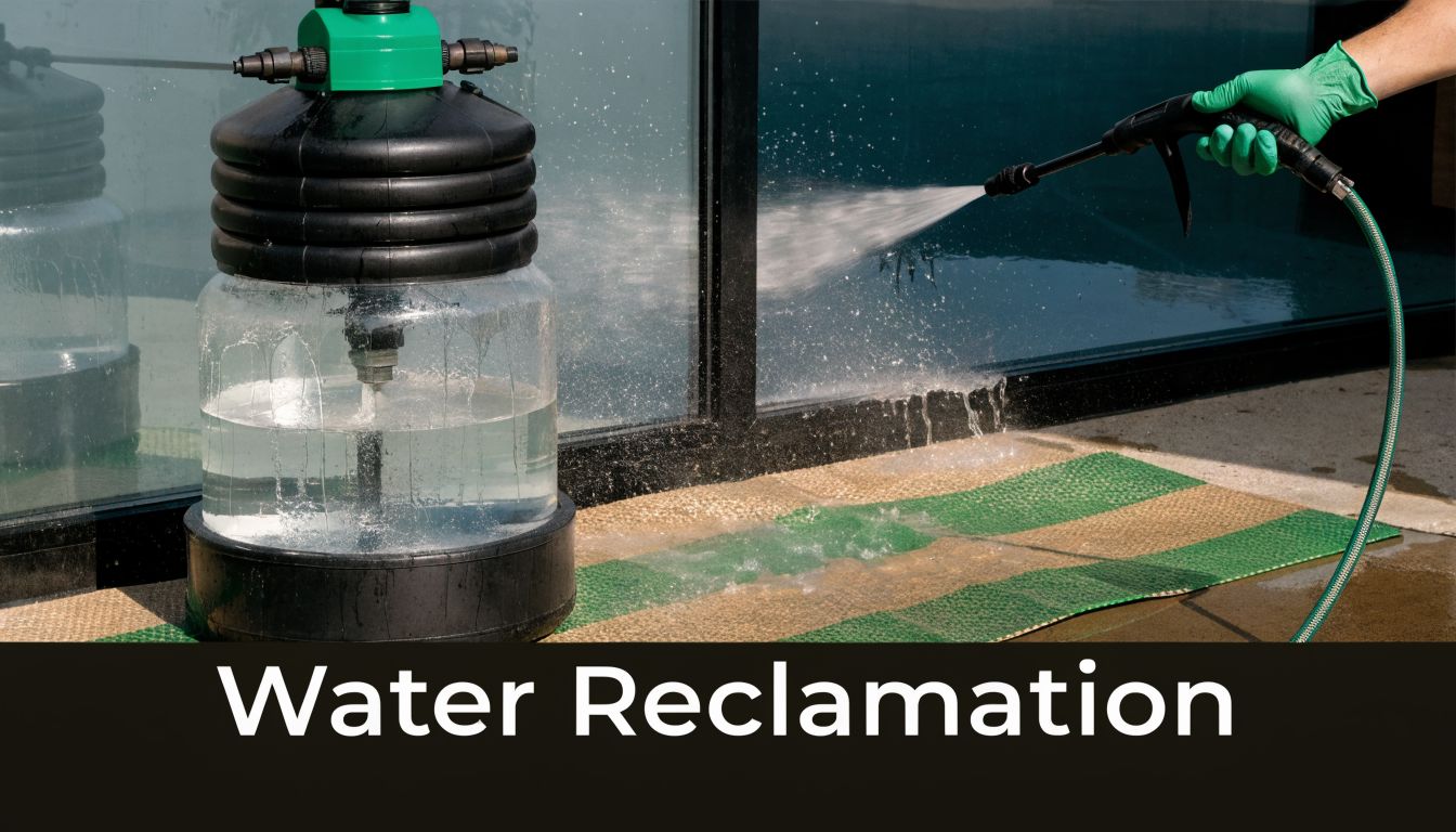 A professional window cleaner using specialized water reclamation equipment to clean a glass surface outdoors.