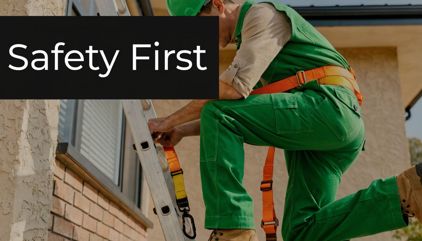 A professional window cleaner wearing safety gear and a hard hat ascending a ladder near a building.