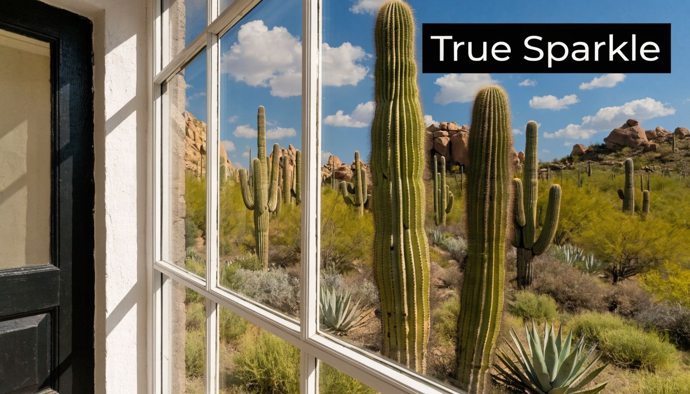 A view through a residential window looking out at a scenic desert landscape with tall saguaro cactuses.