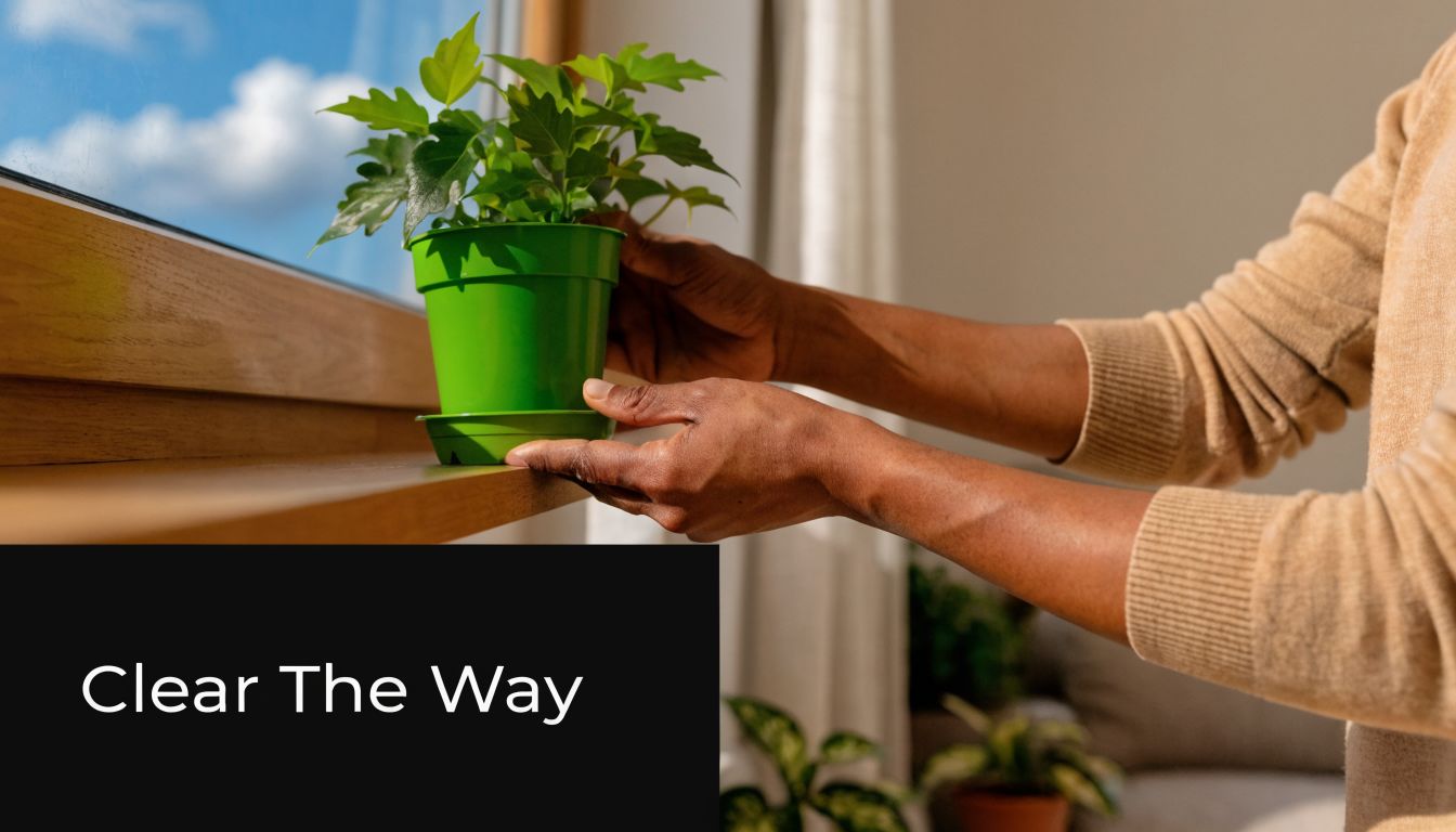A person placing a small green houseplant in a plastic pot onto a wooden window sill.