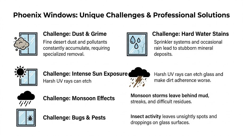 A list of environmental challenges for window cleaning in Phoenix, including dust, sun, monsoons, and pests.