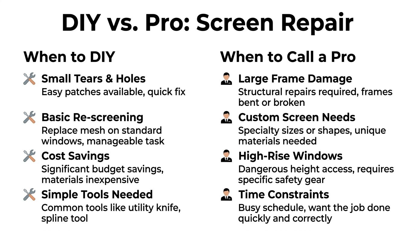 An infographic comparing DIY screen repair versus hiring a professional for window screen maintenance and fixing.