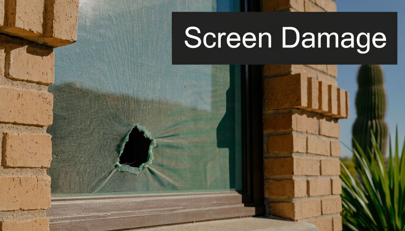 A close-up view of a damaged residential window screen with a large hole in the mesh.