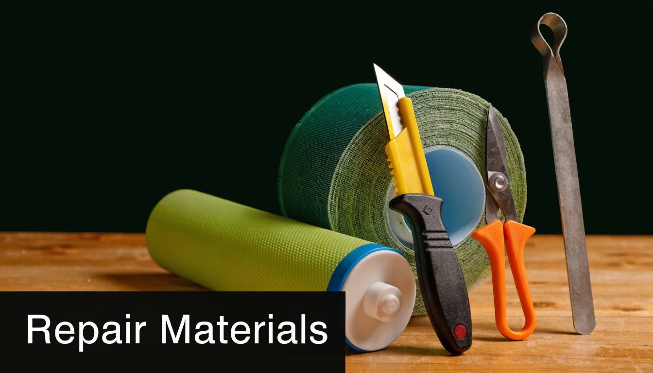 An assortment of window screen repair tools including a green fiberglass mesh roll, utility knife, scissors, and roller.