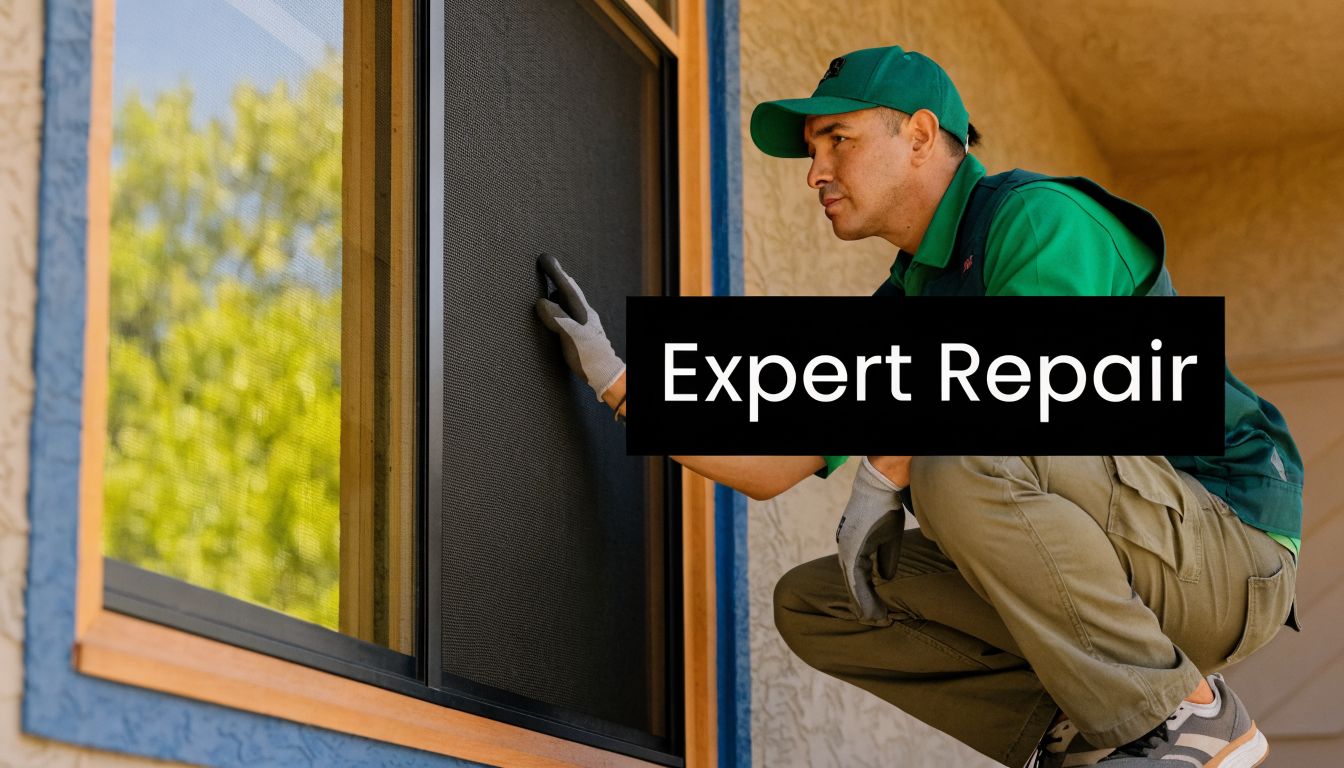 A professional repairman in a green uniform crouching while inspecting a residential window screen.