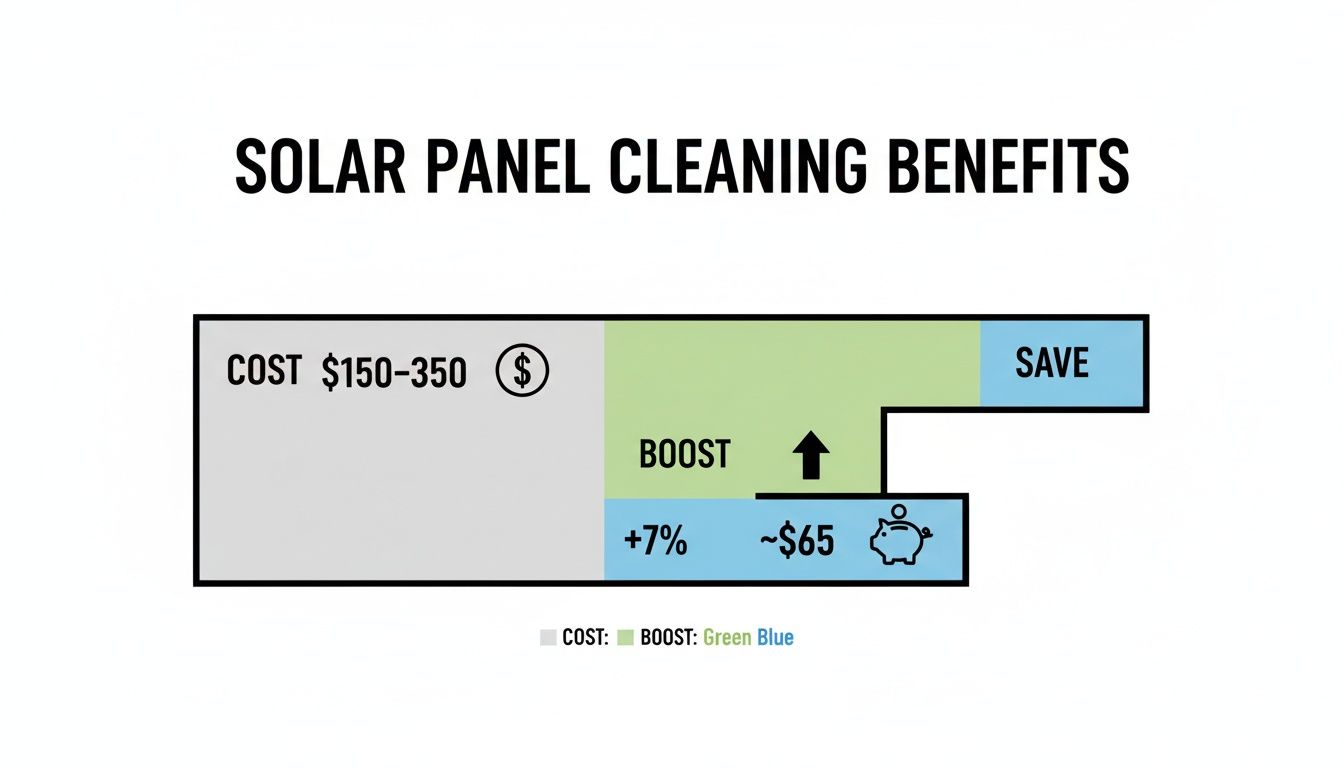 Infographic detailing solar panel cleaning benefits, showing cost, efficiency boost, and estimated savings.