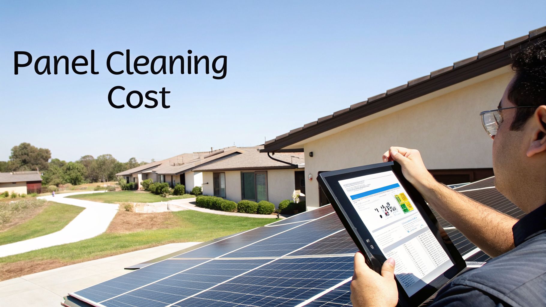 A person on a roof with solar panels looking at a tablet, displaying 'Panel Cleaning Cost'.