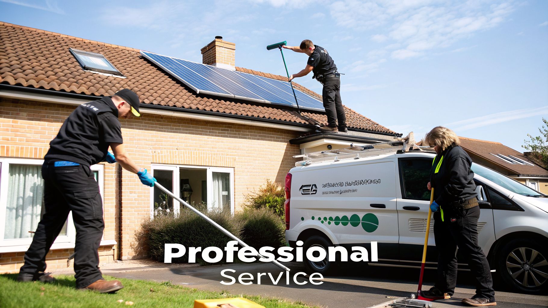 Professional service team cleaning solar panels on a residential roof and ground-level windows.