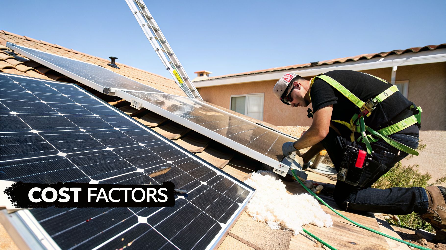 A worker in safety gear installs solar panels on a tiled roof under a clear sky.