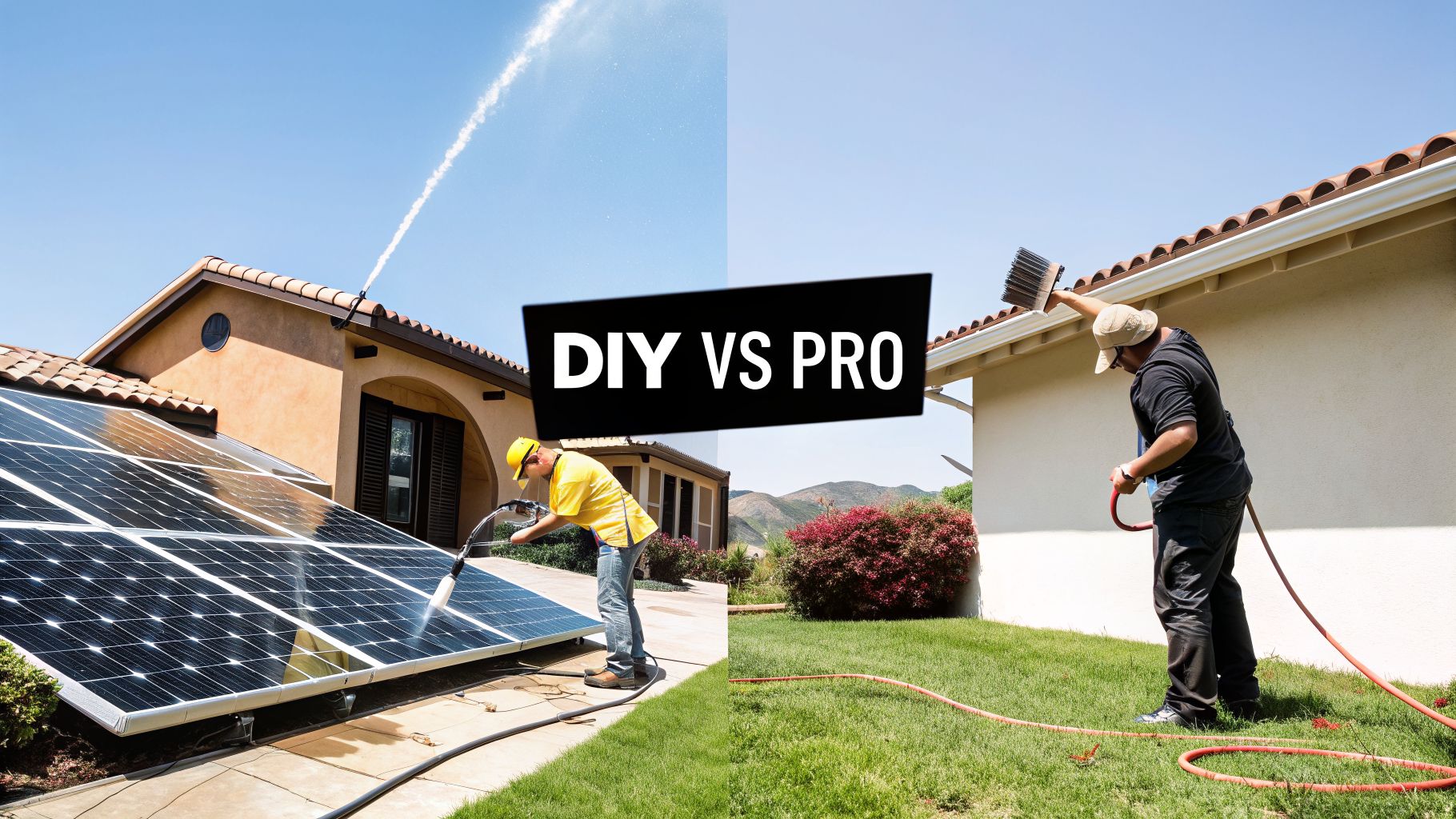 Man cleaning solar panels DIY, another man cleaning gutters professionally, comparing DIY vs Pro home maintenance.