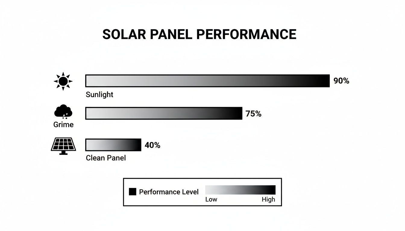 Bar chart showing solar panel performance under various conditions: sunlight, grime, and clean panel.