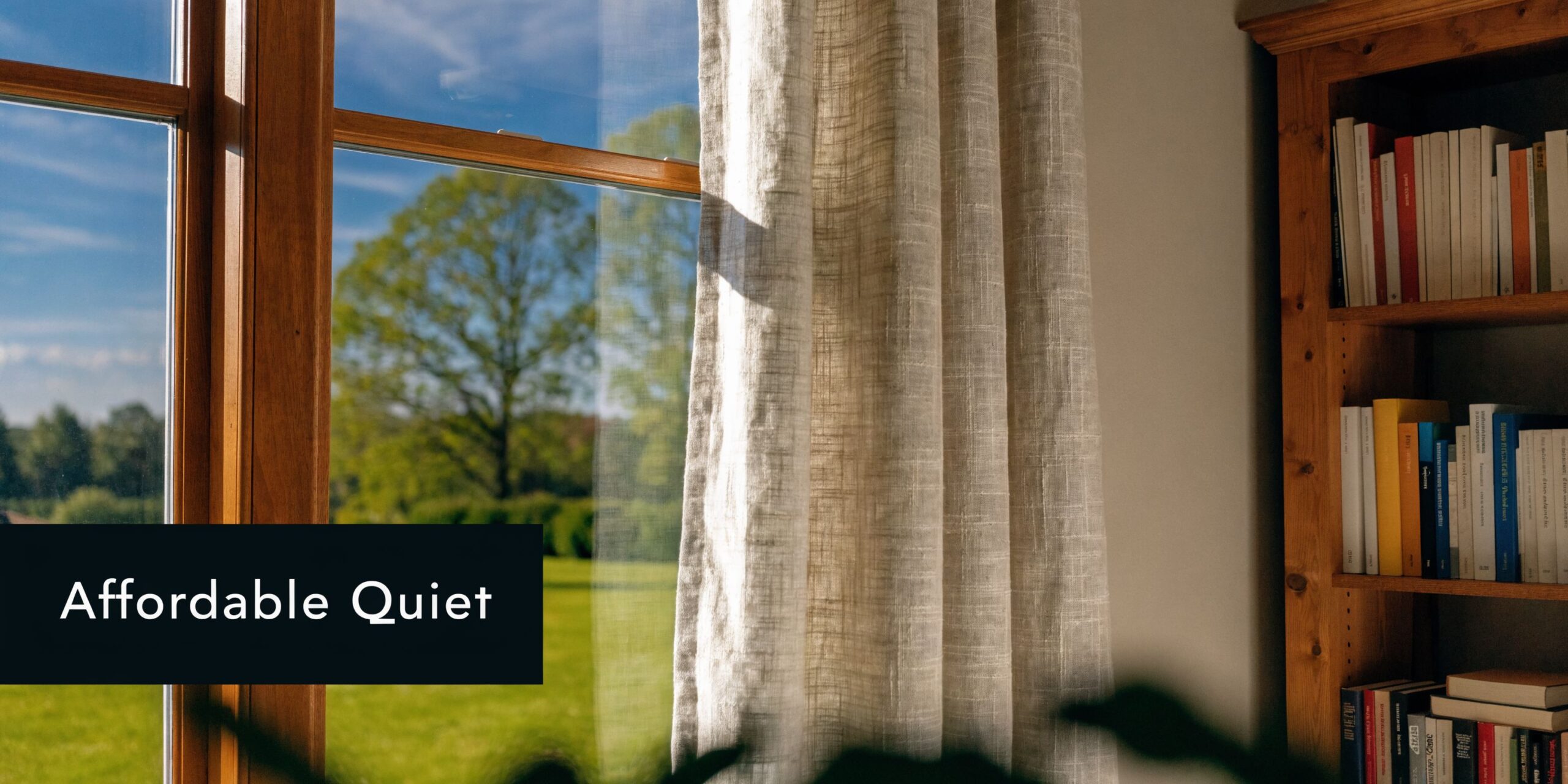 A peaceful reading nook featuring a wooden bookshelf and a window overlooking a sunny green landscape.