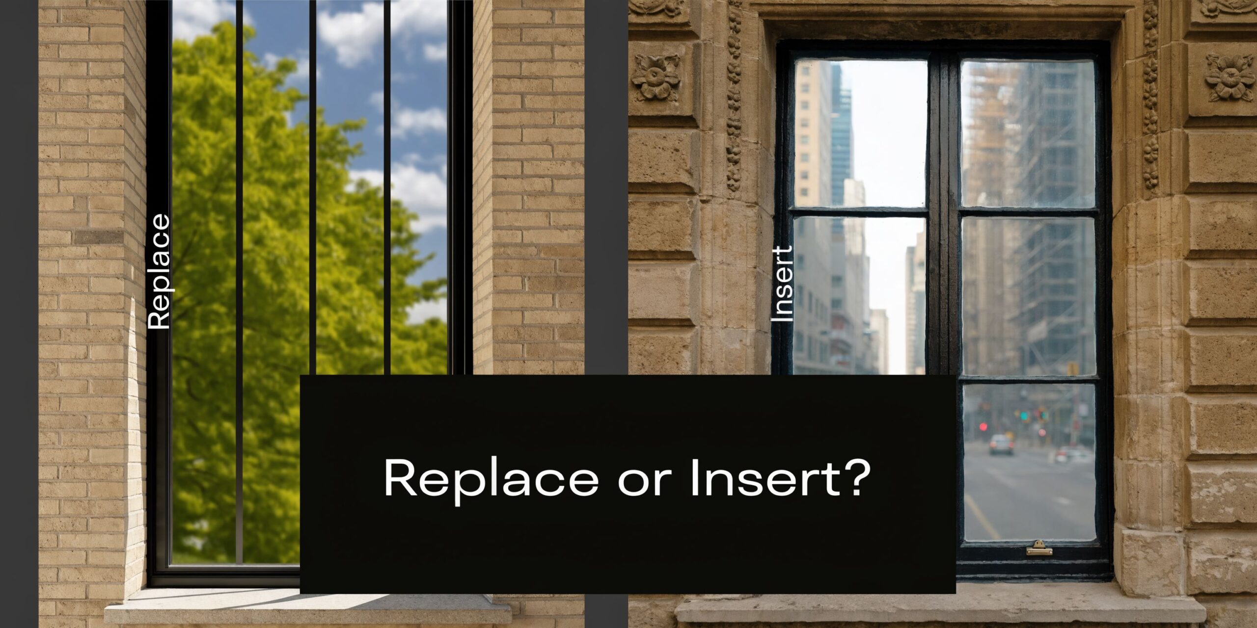 A side-by-side comparison illustrating the window replacement versus window insert installation process for home renovations.