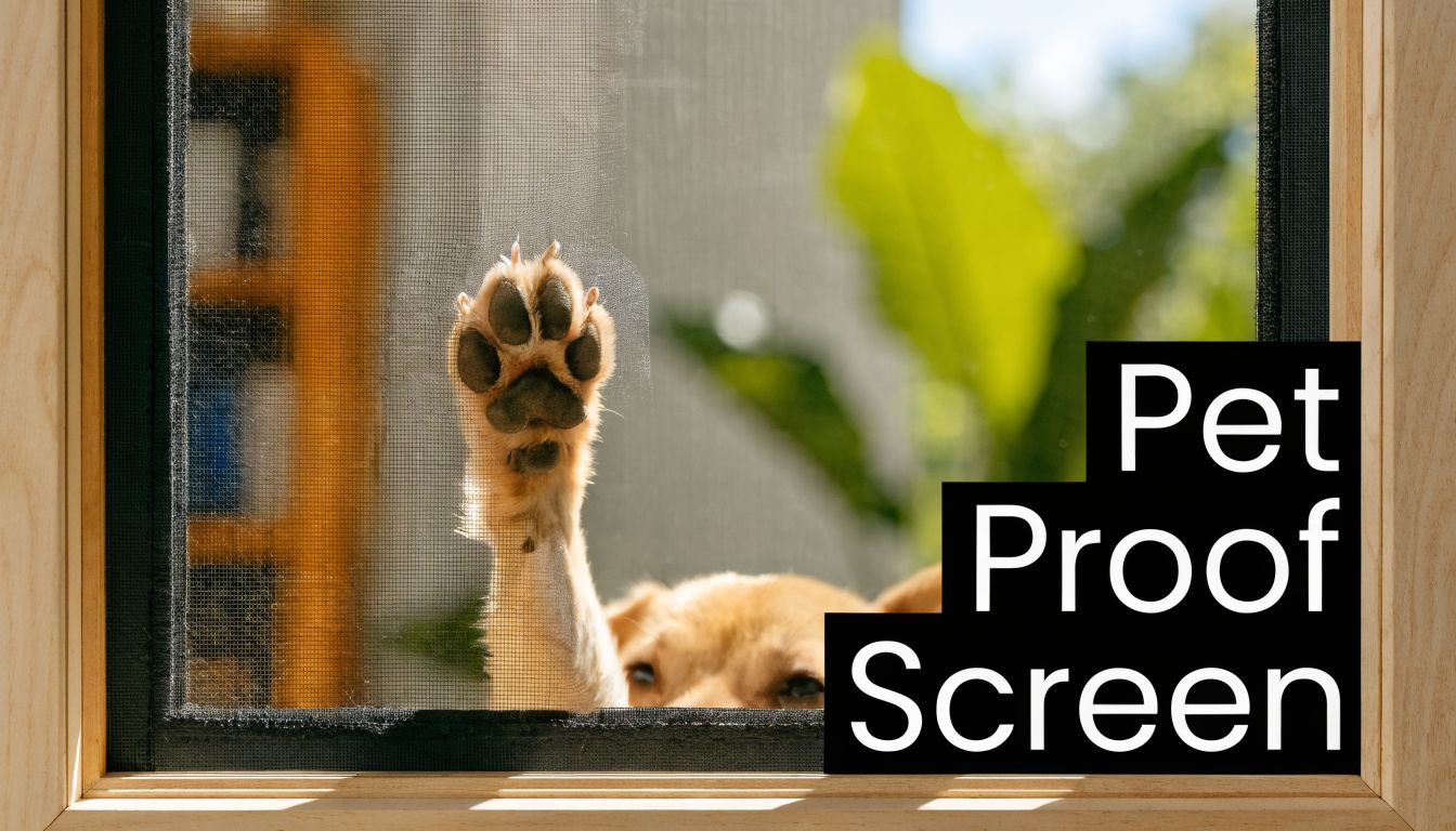 A close-up of a dog's paw pressing against a durable pet proof window screen mesh.