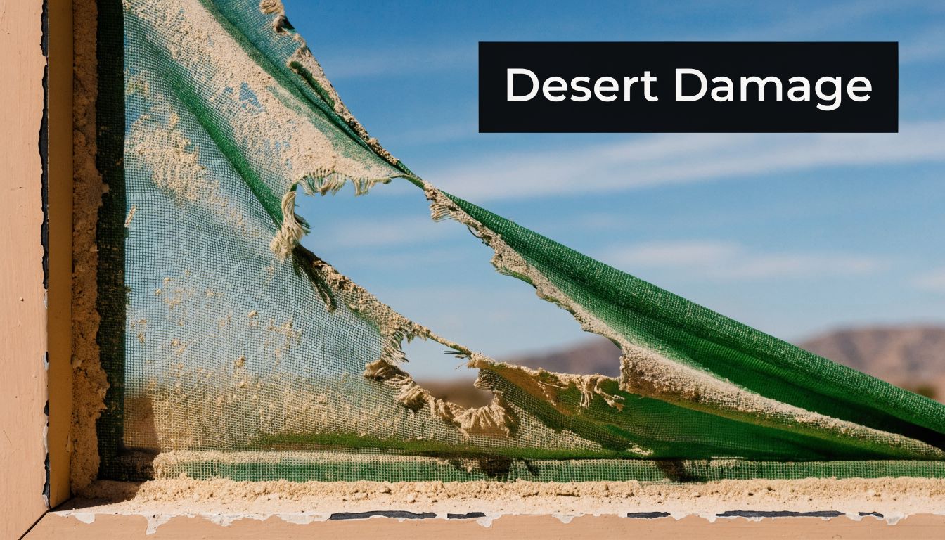 A damaged green window screen covered in desert sand, viewed against a bright blue sky.