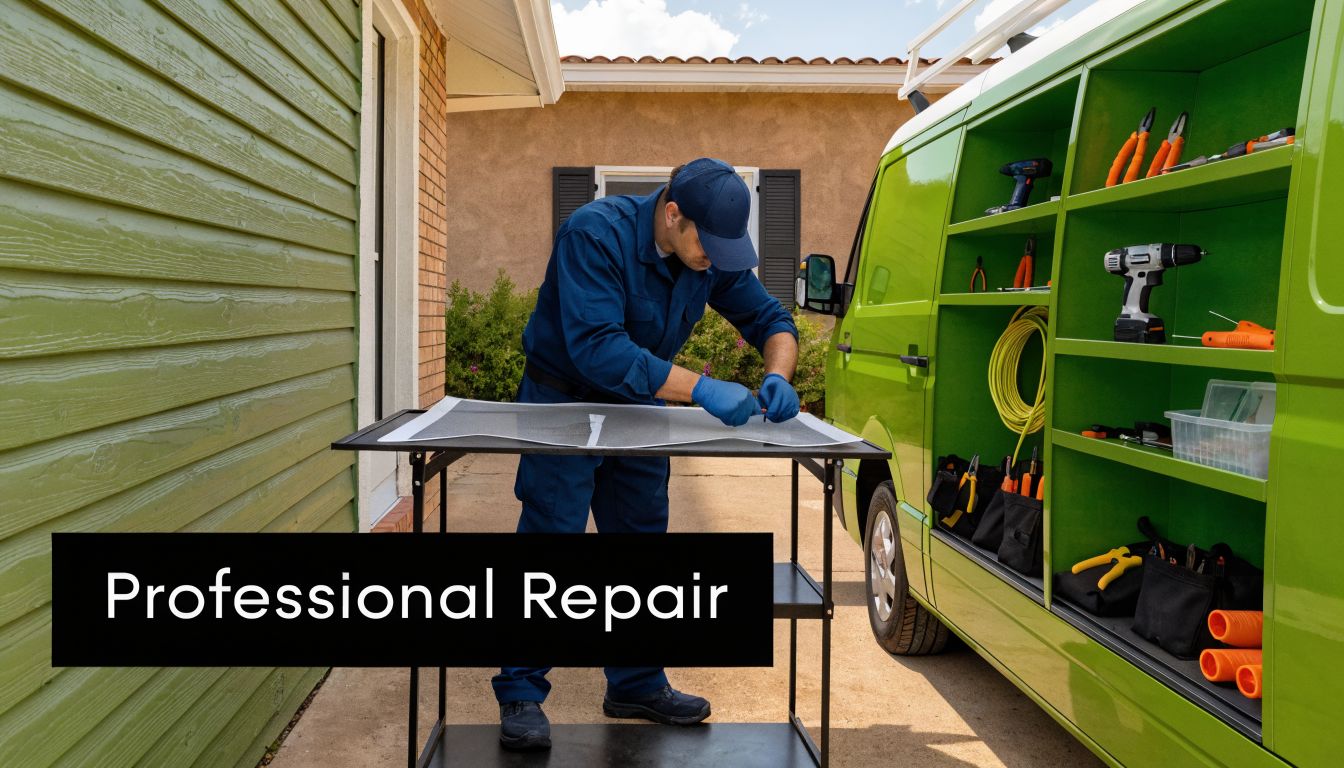 A professional technician wearing blue work clothes repairs a window screen on a portable workbench outside.