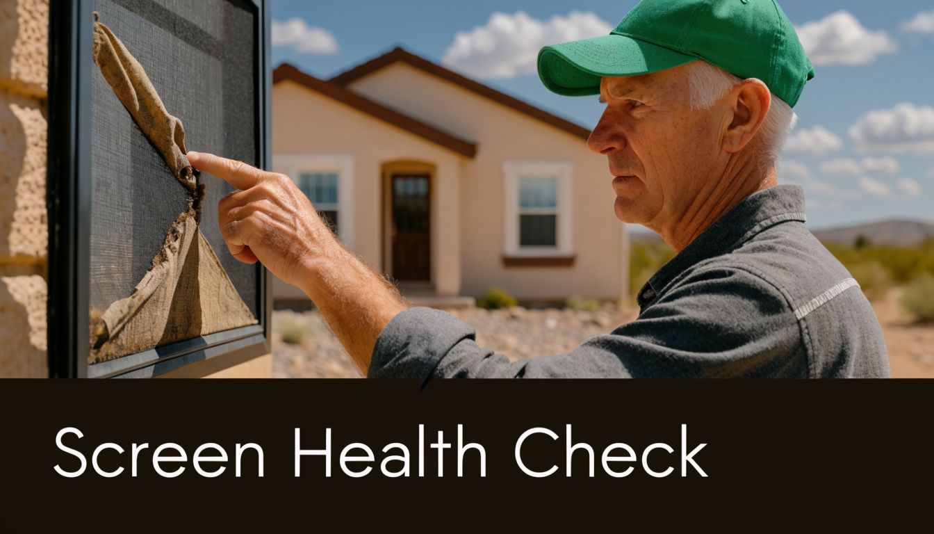 A professional inspector points to a torn window screen during a residential home exterior health check inspection.