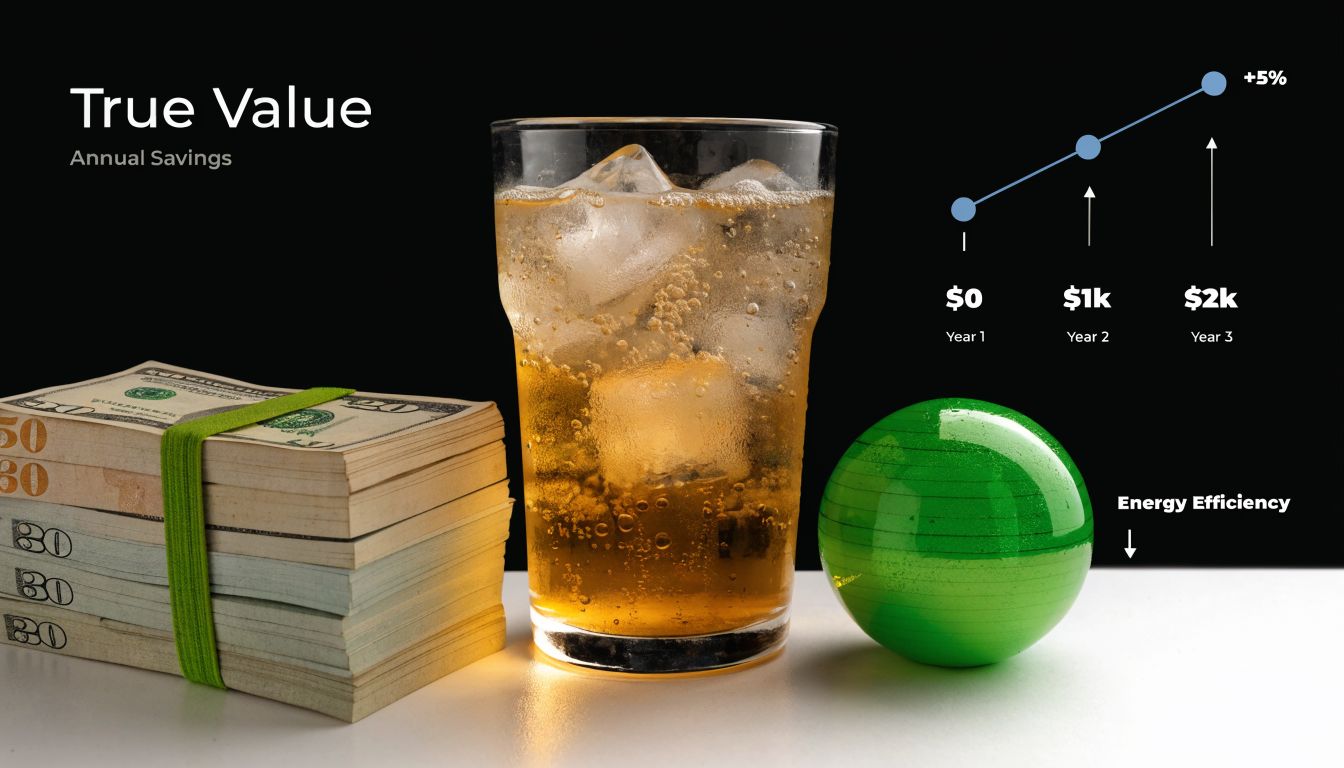 A glass of iced beverage, a stack of cash, and a green ball representing energy efficiency savings.