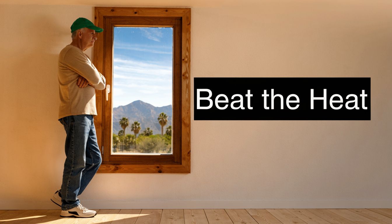An older man in a cap looking out a window at a warm desert landscape.