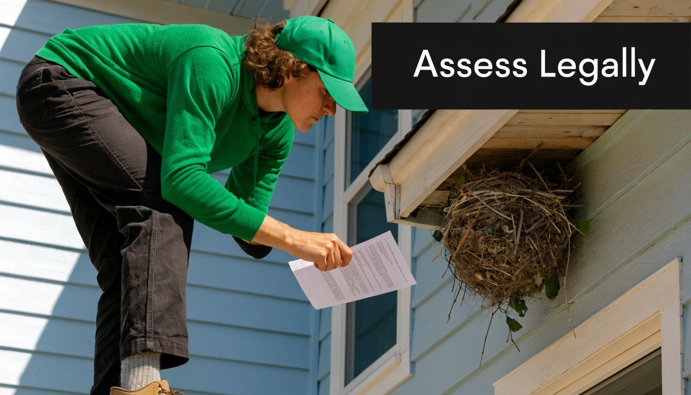A person in a green uniform inspects a bird nest under a house eave with a document.