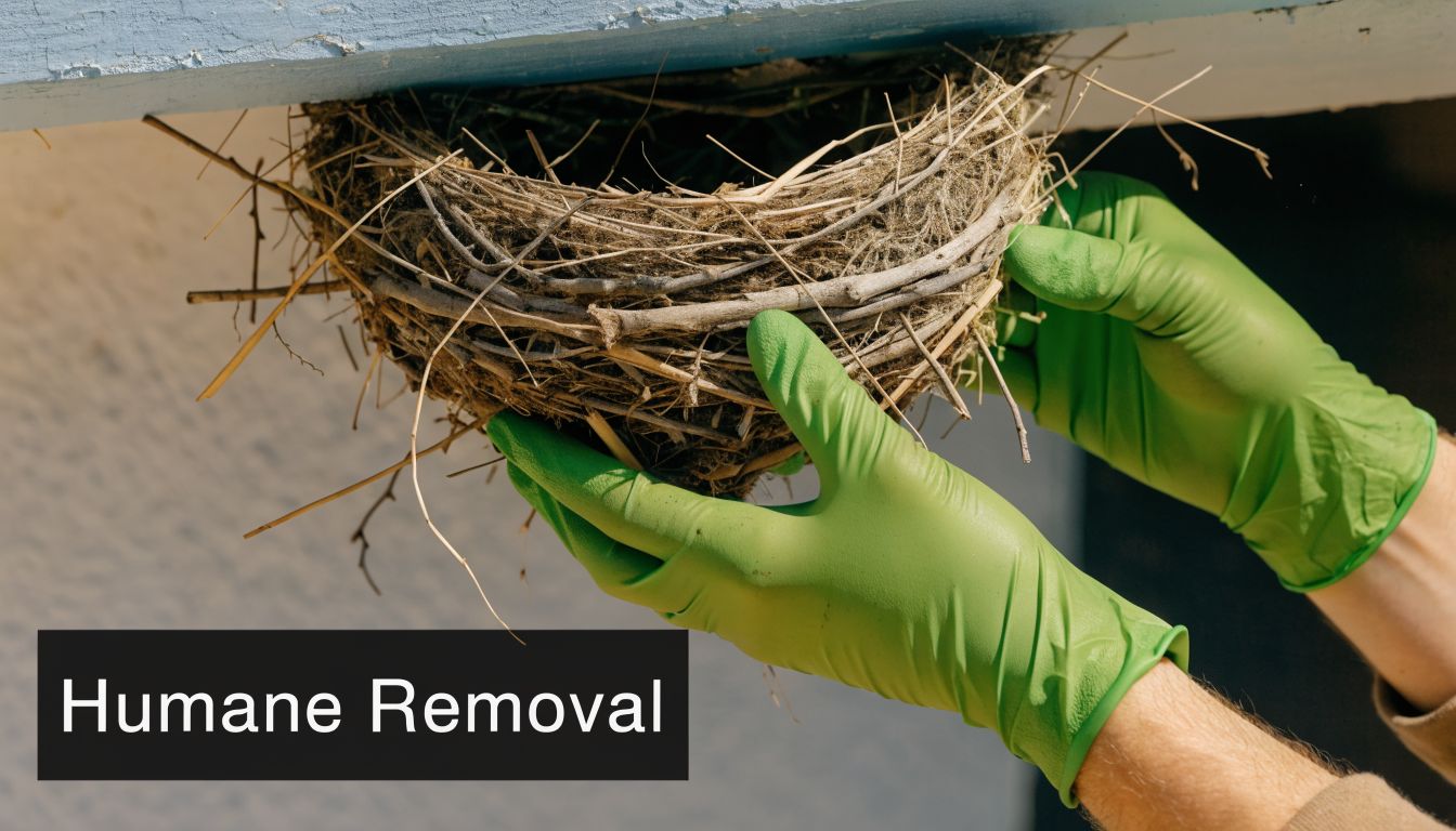 A person wearing protective green gloves safely removes a bird nest from under a house roof.