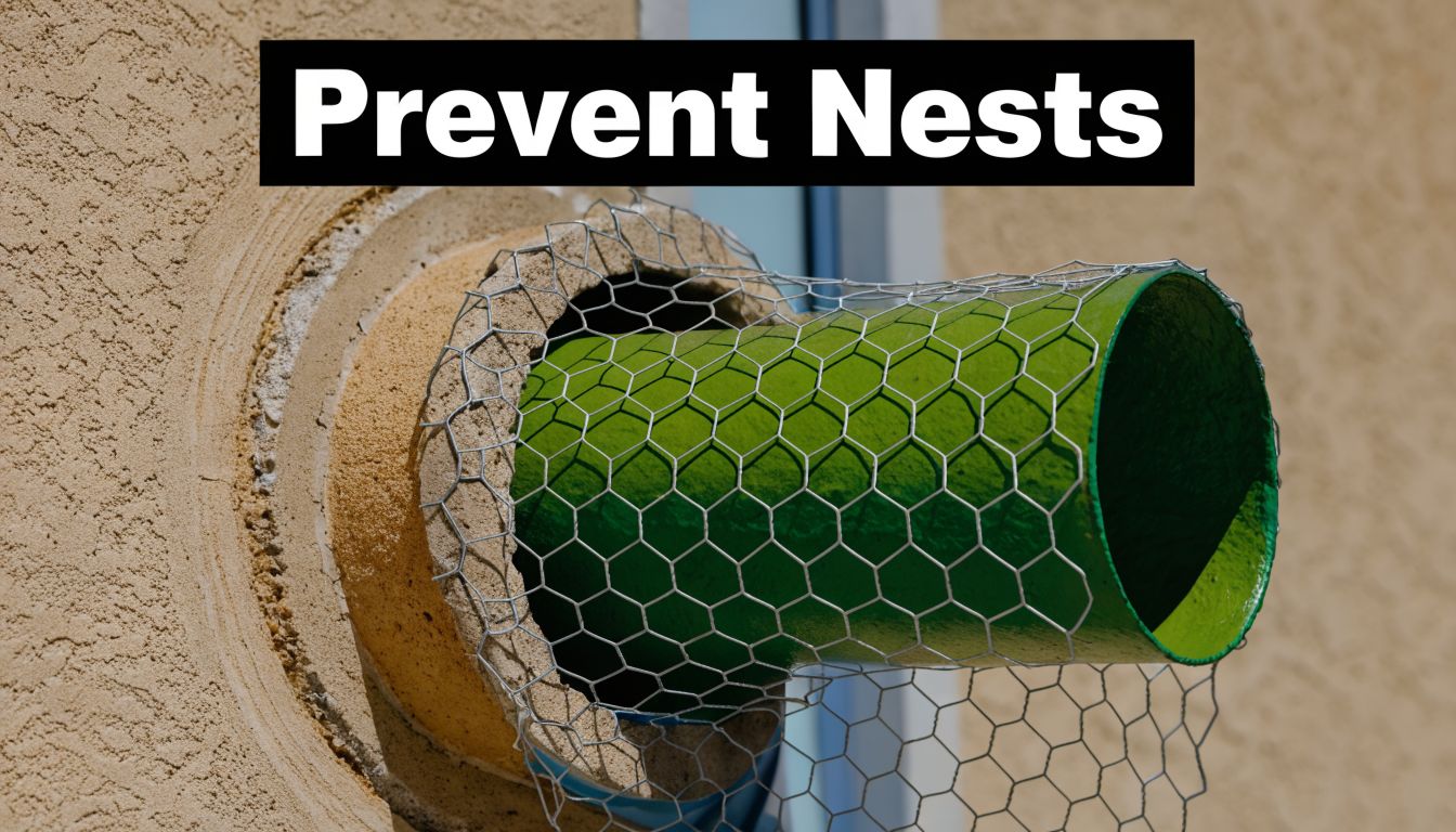 A green pipe protruding from a textured wall, covered with a wire mesh to prevent nests.