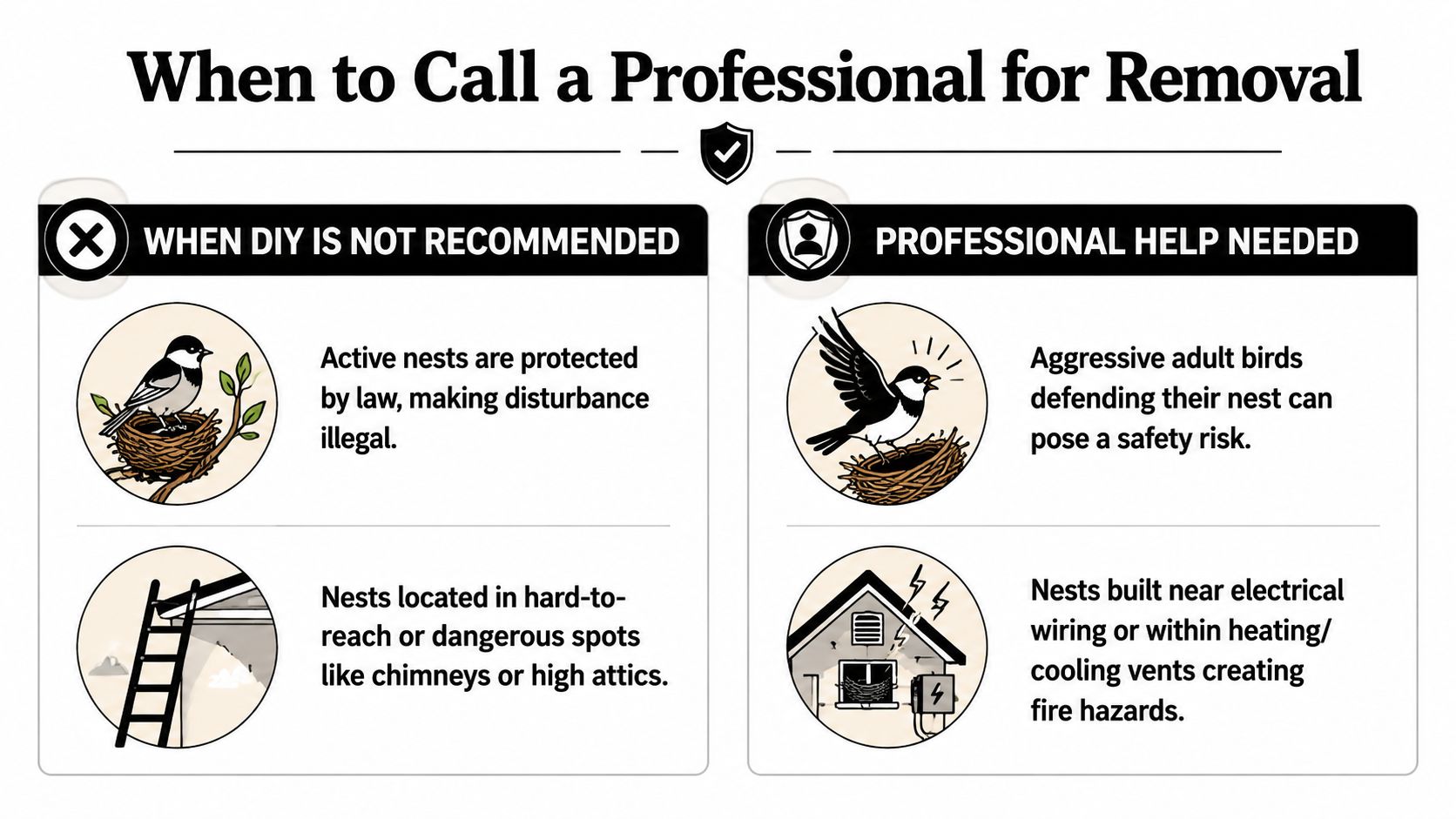 An infographic showing when to call a professional for safe and legal bird nest removal services.