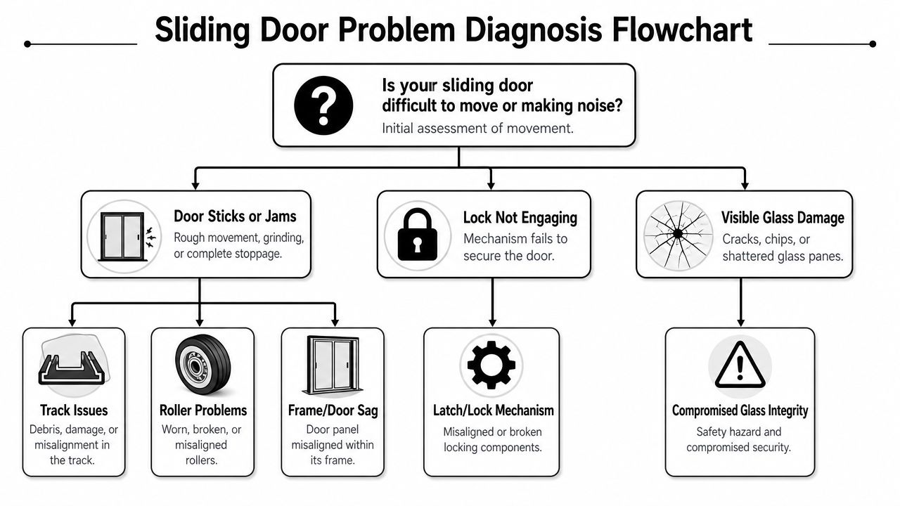 A sliding door problem diagnosis flowchart illustrating potential causes for mechanical issues, locking problems, and glass damage.