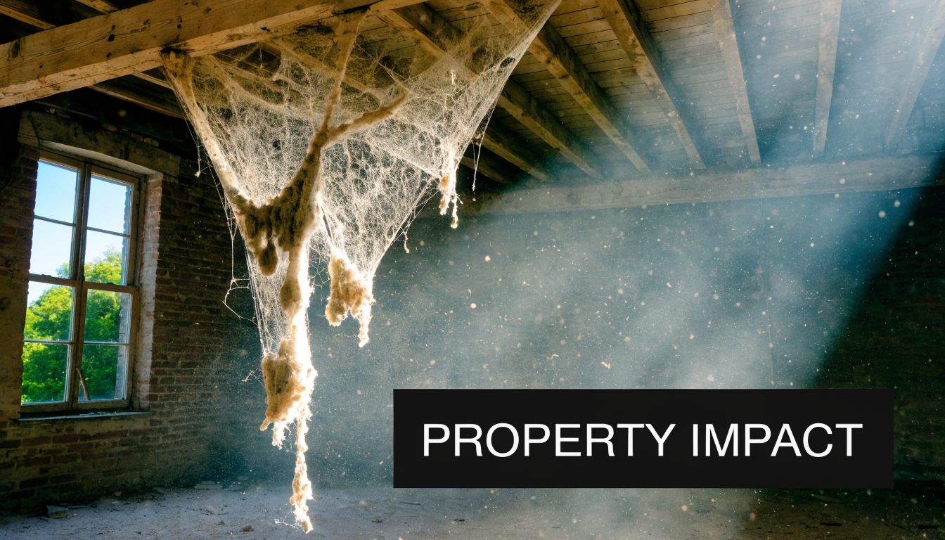 A dusty, sunlit attic featuring large, thick cobwebs hanging from wooden ceiling beams near a window.